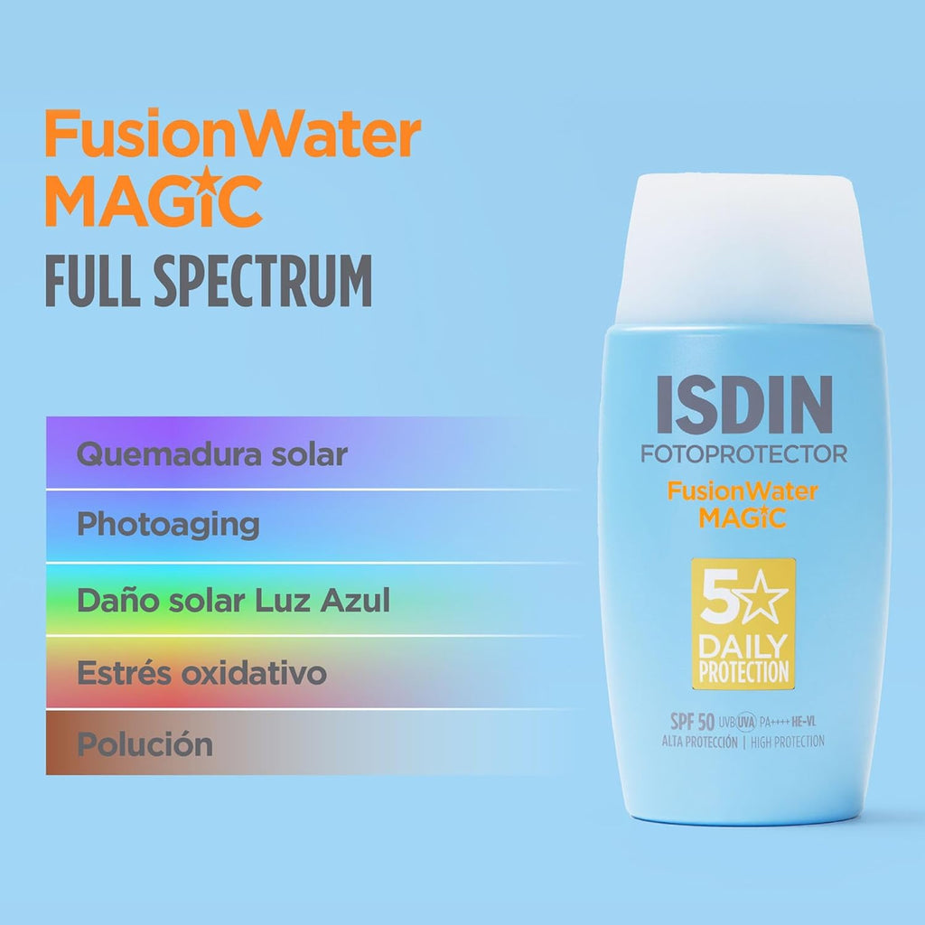 ISDIN Fotoprotección Fusion Water MAGIC SPF 50, Protector Solar Facial De Textura Ligera Y Fase Externa Acuosa Con Tacto Final Sedoso, 50Ml
