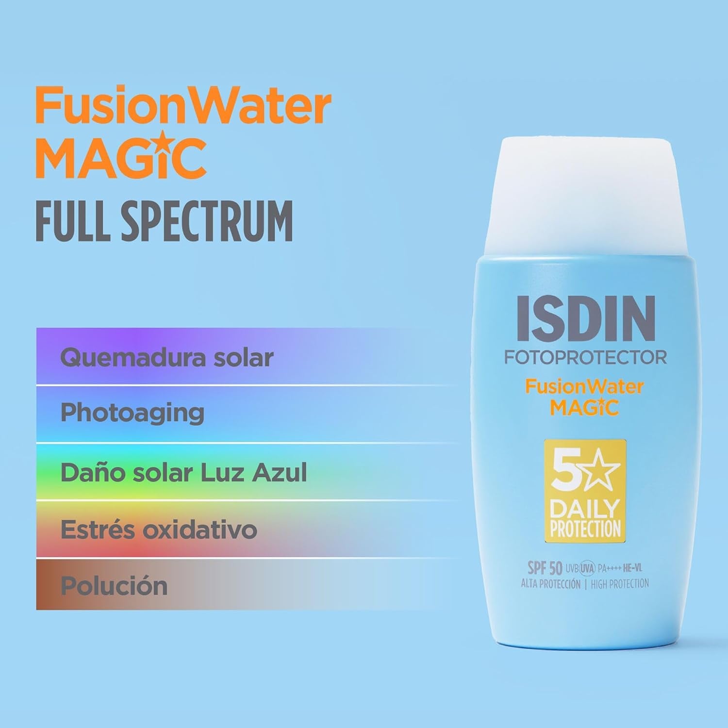 ISDIN Fotoprotección Fusion Water MAGIC SPF 50, Protector Solar Facial De Textura Ligera Y Fase Externa Acuosa Con Tacto Final Sedoso, 50Ml