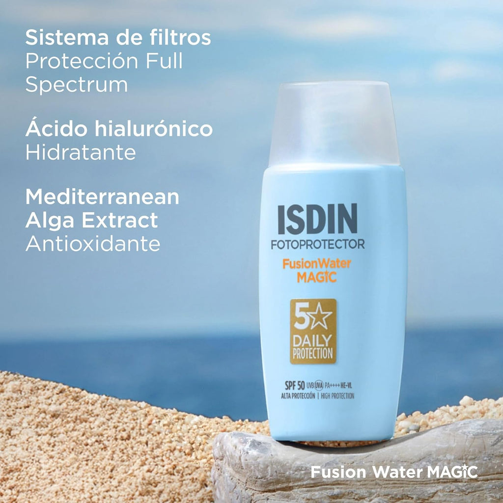 ISDIN Fotoprotección Fusion Water MAGIC SPF 50, Protector Solar Facial De Textura Ligera Y Fase Externa Acuosa Con Tacto Final Sedoso, 50Ml