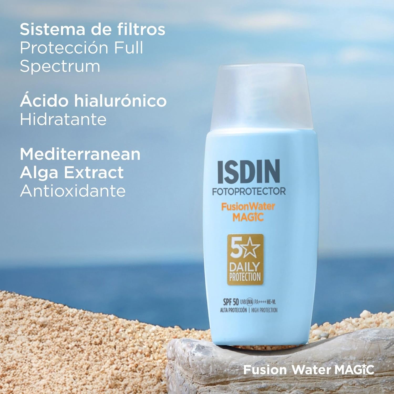 ISDIN Fotoprotección Fusion Water MAGIC SPF 50, Protector Solar Facial De Textura Ligera Y Fase Externa Acuosa Con Tacto Final Sedoso, 50Ml